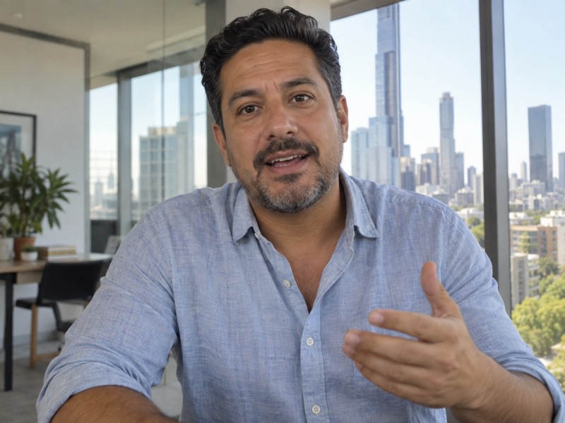 Executive speaking from a city office on a video call